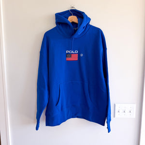 Polo Ralph Lauren USA American Flag Patch Fleece Hoodie Sweatshirt Royal Blue XL