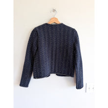 Load image into Gallery viewer, White House Black Market Glam Tweed Cropped Stylist Jacket Blue Gold XS
