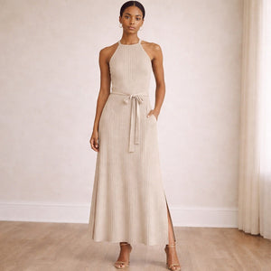 Anthropologie Amadi Sleeveless Knit Midi Belted Halter Sweater Dress Beige XS