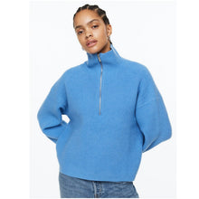 Load image into Gallery viewer, H&amp;M Zip Up Ribbed Knit Mock Neck Pullover Sweater Blue M
