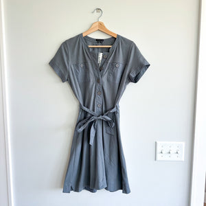 Theory Elisora Tie Waist Crew Neck Short Sleeve Mini Shirt Dress Gray M NWT