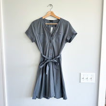 Load image into Gallery viewer, Theory Elisora Tie Waist Crew Neck Short Sleeve Mini Shirt Dress Gray M NWT
