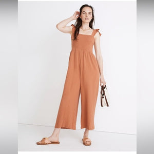 Madewell Lightspun Lucie Flutter Sleeve Smocked Wide Leg Jumpsuit Brown 4