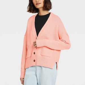 A New Day Button-Front Long Sleeve Knit Cardigan Sweater Pink S