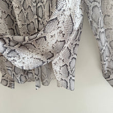 Load image into Gallery viewer, Elie Tahari Silk Terri Snake Print Pleated Button Up Shirt Gray M
