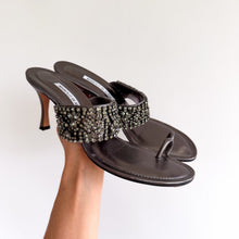 Load image into Gallery viewer, Manolo Blahnik Skyscan Metallic Leather Crystal-Embellished Toe Strap Sandals
