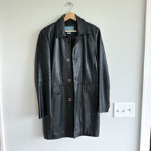 Load image into Gallery viewer, Nine West Genuine Leather Button Front Long Collared Trench Coat Black M

