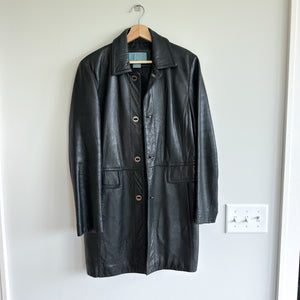 Nine West Genuine Leather Button Front Long Collared Trench Coat Black M