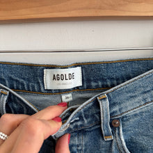 Load image into Gallery viewer, AGOLDE Nico High Rise Distressed Hem Button-Fly Denim Skinny Jeans Blue 25
