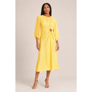 Farm Rio Yellow Piping Cut-Out Balloon Sleeve Midi Dress M NWT