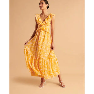 Abercrombie & Fitch Floral Ruffles Sleeveless V-Neck Maxi Dress Yellow M NWT