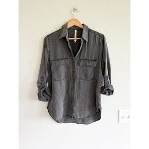 Babaton Utility Denim Roll Tab Sleeve Collared Button Up Shirt Casual Gray XS