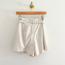 Load image into Gallery viewer, Lush Belted High Rise Pleated Linen Paperbag Shorts Oatmeal Cream S NEW
