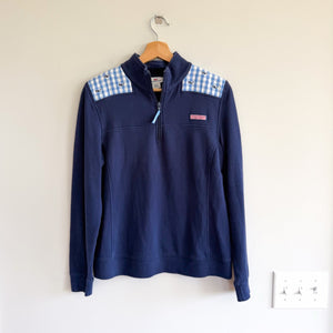 Vineyard Vines Shep Shirt Gingham Whale Shoulder 1/4 Zip Sweatshirt Blue M