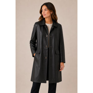 Nine West Genuine Leather Button Front Long Collared Trench Coat Black M