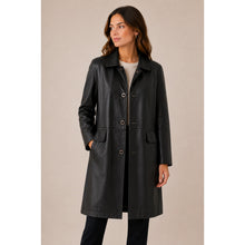 Load image into Gallery viewer, Nine West Genuine Leather Button Front Long Collared Trench Coat Black M
