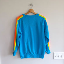 Load image into Gallery viewer, Aviator Nation Lightning Bolt Rainbow Stripe Sleeve Pullover Sweatshirt Blue S
