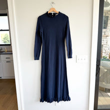 Load image into Gallery viewer, Treasure &amp; Bond Ruffle Hem Long Sleeve Knit Sweater Dress Navy Blue S NWT
