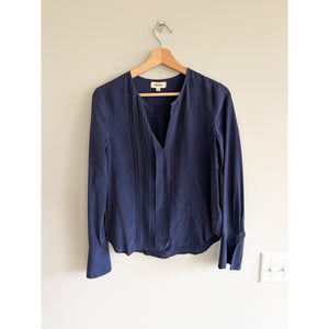 L'Agence Silk Pleated V-Neck Long Sleeve Blouse Blue XS