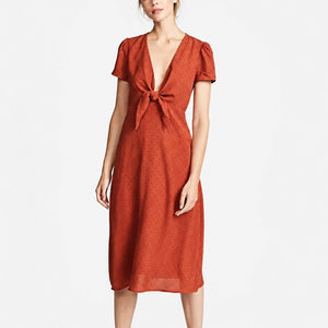 Re:named Polka Dot Pattern Twist V-Neck Casual Midi Dress Orange M