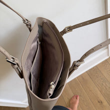 Load image into Gallery viewer, Tory Burch Robinson Saffiano Leather Adjustable Strap Tote Bag Light Gray
