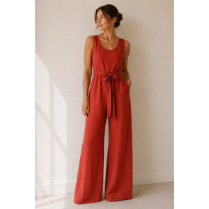 Rachel Zoe Linen Sleeveless Belted Scoop Neck Wide Leg Jumpsuit Rust Orange 2