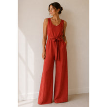 Load image into Gallery viewer, Rachel Zoe Linen Sleeveless Belted Scoop Neck Wide Leg Jumpsuit Rust Orange 2
