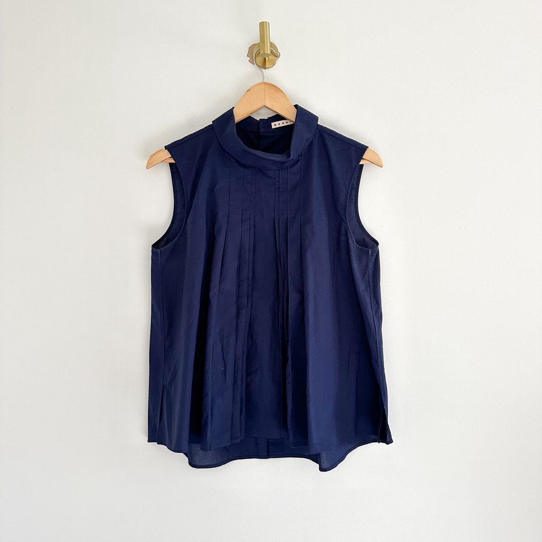 MARNI x Uniqlo Mock Neck Pintuck Pleated Sleeveless Blouse Navy M