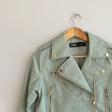 Load image into Gallery viewer, Zara Faux Leather Zip Up Cropped Biker Moto Jacket Mint Green S
