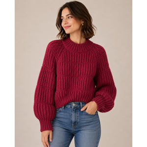 HYFVE Chunky-Knit Crew Neck Long Sleeve Cropped Pullover Sweater Red S