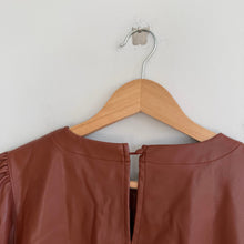 Load image into Gallery viewer, BB Dakota Faux It Up Crew Neck Puff Sleeve Faux Leather Blouse Brown M
