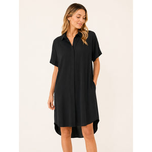 Eileen Fisher Silk Georgette Button Up Shirt Midi Dress Black M