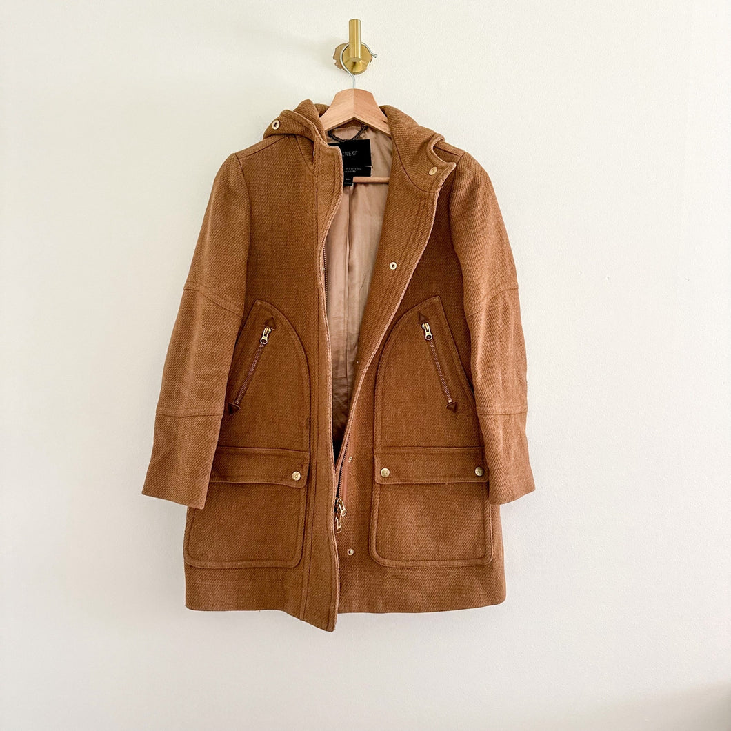 J. Crew Chateau Wool Blend Hooded Stadium Cloth Parka Coat Brown 00P