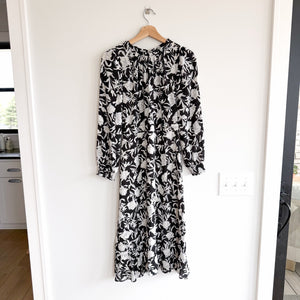 J. Crew Ruffle-Neck Peasant Floral Print Midi Dress Black White 0