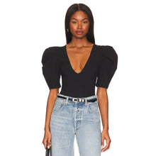 Load image into Gallery viewer, Free People Intimately Va Va Voop V-Neck Puff Sleeve Stretch Bodysuit Black S

