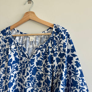 CASLON Floral 1/4 Button Short Sleeve Blouse Blue White XL