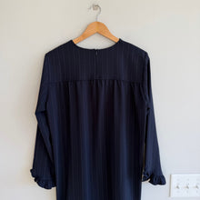 Load image into Gallery viewer, GANNI Clark Bateau Neckline Striped Ruffle Trim Long Sleeve Dress Navy White 42
