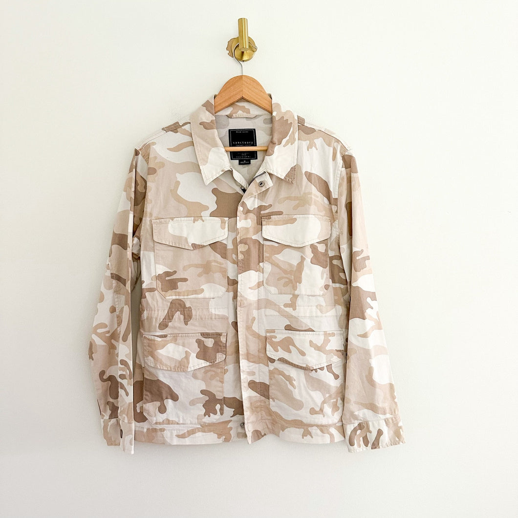 Sanctuary Snap Front Basic Utility Jacket in Beige Camo M