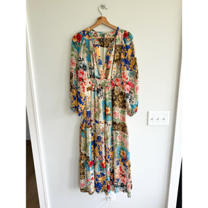 Anthropologie Somerset Floral Patchwork Long Sleeve Chiffon Maxi Dress Blue M