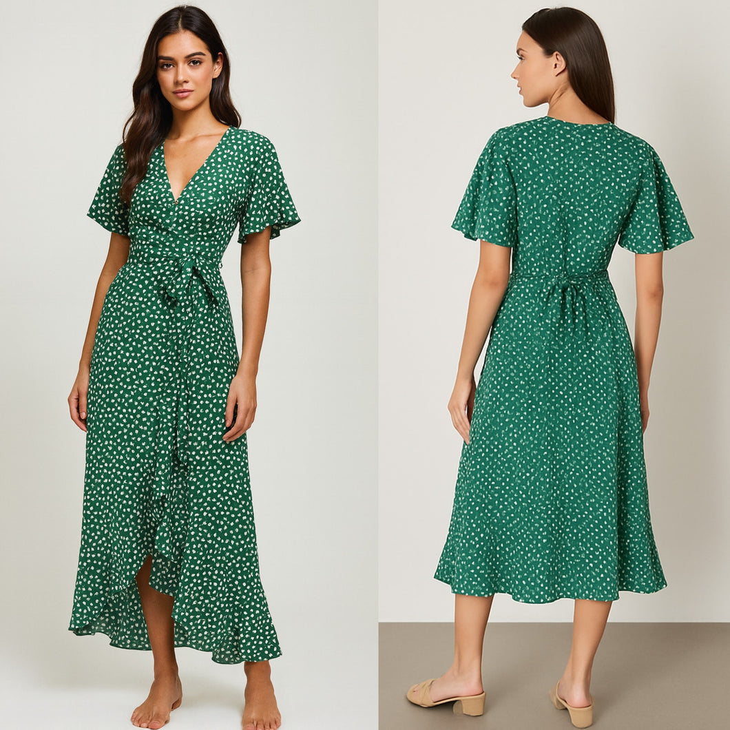 Daisy Print Short Sleeve Wrap Dress Green S