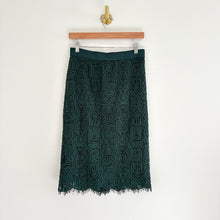Load image into Gallery viewer, Ann Taylor Lace Knee-Length High Rise Fringe Hem Pencil Skirt Green 2
