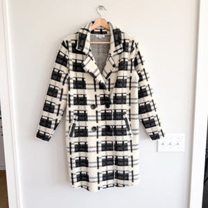 Baciano Plaid Pattern Double-Breasted Mid-Length Teddy Boucle Coat Black White M