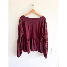 Load image into Gallery viewer, Free People Penny Embroidered Sheer Sleeve Peplum Blouse Purple Red M
