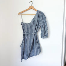 Load image into Gallery viewer, BCBGMAXAZRIA Jolee Cotton Striped One Shoulder 3/4 Sleeve Mini Dress Blue S
