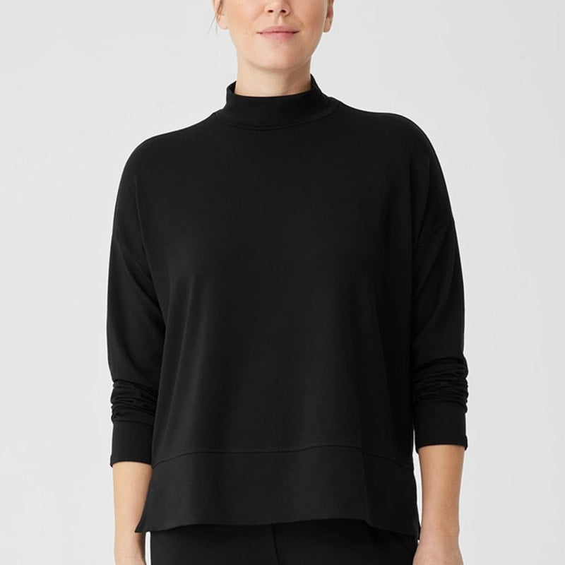 Eileen Fisher Stretch Jersey Knit Mock Neck Long Sleeve Top Black M