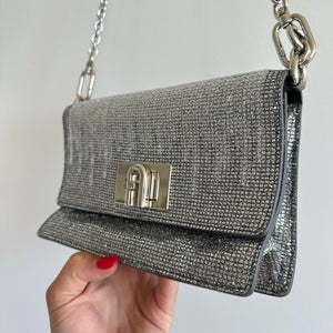FURLA 1927 Glitter Embellished Chain Strap Mini Crossbody Bag Silver