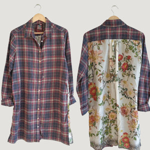 Johnny Was Silk Blend Plaid Floral Button Front Shirt Dress Blue/Red M