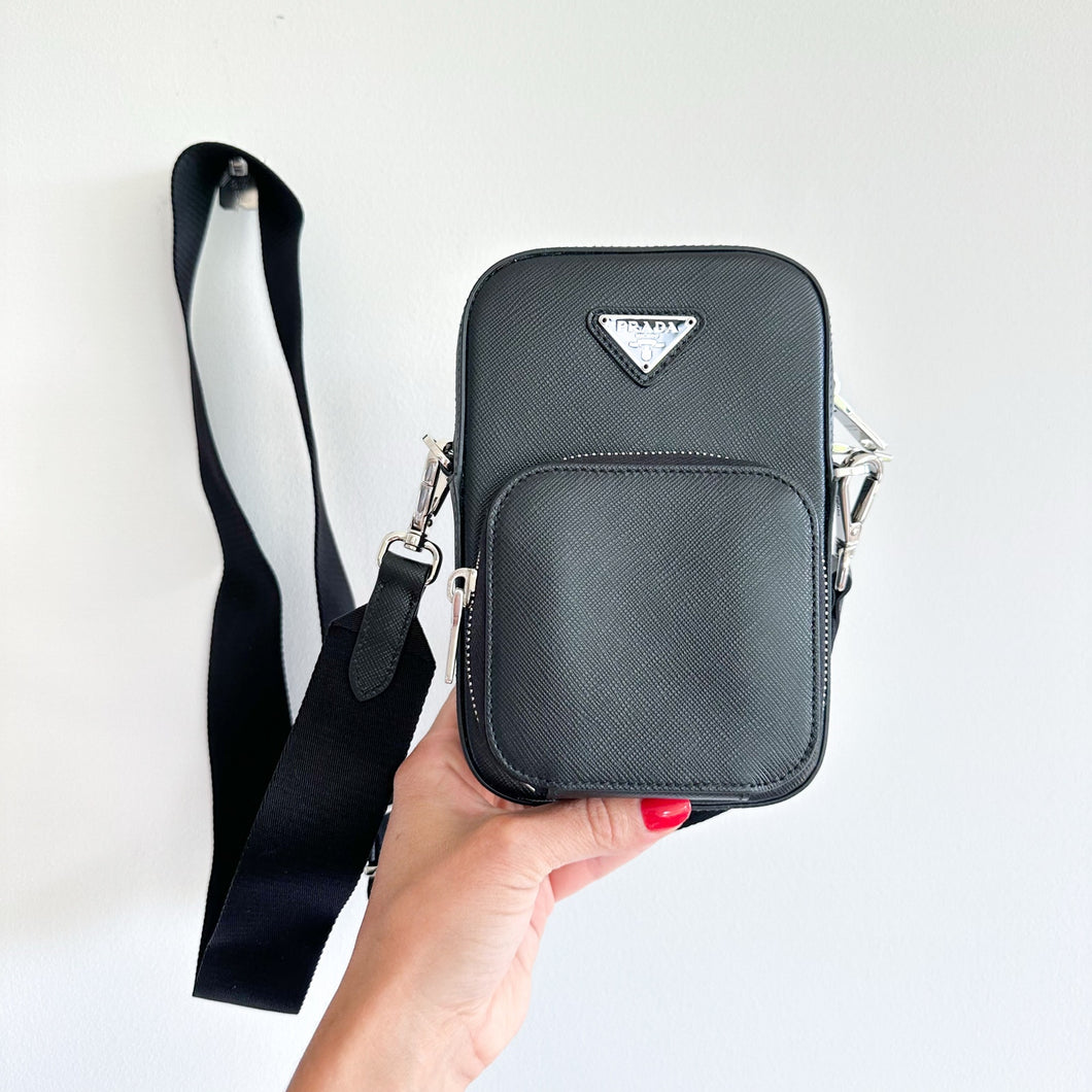 PRADA Saffiano Leather Zip-Around Smartphone Case Crossboday Bag Black