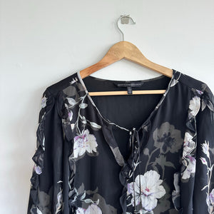 White House Black Market Silk New Romance Floral Sheer Sleeve Ruffle Blouse
