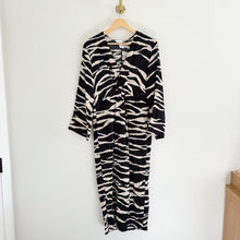 Load image into Gallery viewer, H&amp;M Knot-Detail Zebra Print V-Neck Long Sleeve Midi Dress Black/White S
